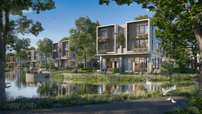 Những căn biệt thự song lập với hai khối nhà xây sát nhau, có tầm nhìn hướng sông. Ảnh: Ecopark