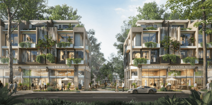 Mặt trước những căn Shophouse Boulevard tiếp giáp đại lộ Boulevard đáp ứng trọn vẹn nhu cầu kinh doanh của khách thuê. Ảnh: Ecopark